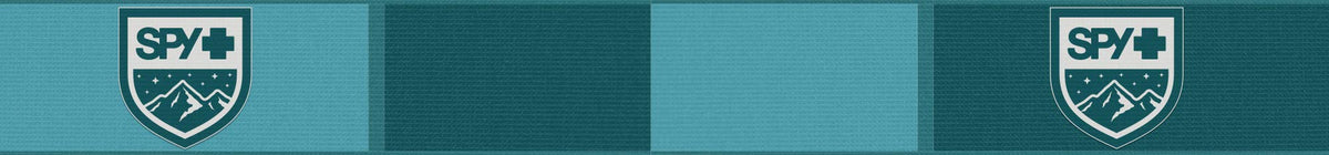 SPY goggle strap in teal with SPY+ logos, patterned webbing