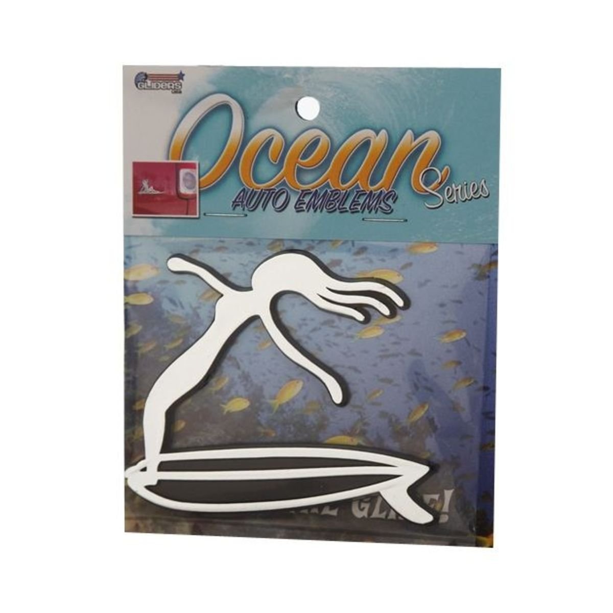 Ocean auto emblem decal sheet with white hang-loose surfer silhouette and chrome-style border