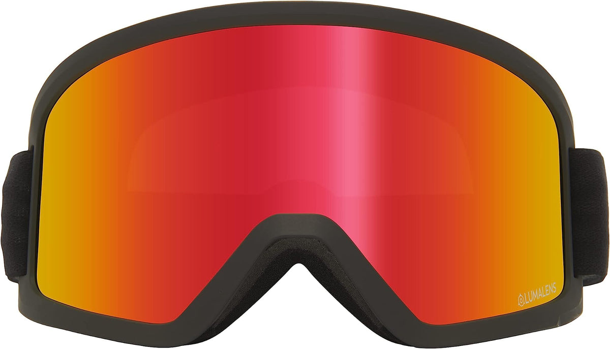 Snow goggles with black frame and red-orange mirrored lens, side pads included