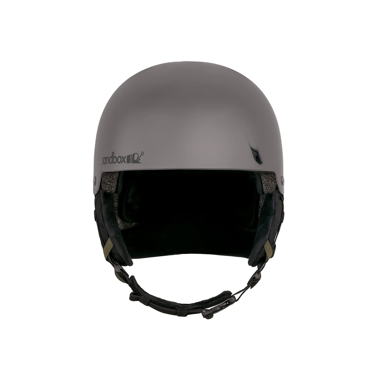 Dark gray snow helmet with dark visor and padded chin strap