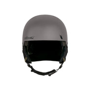 White ski snow helmet with open visor and padded ear areas