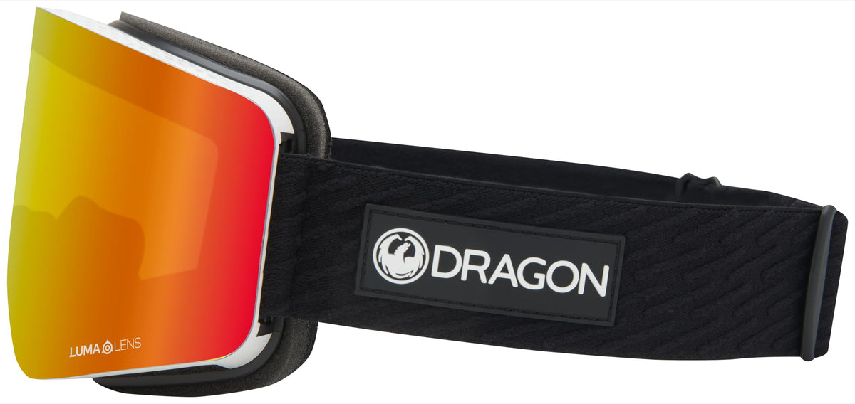 Black snow goggles with yellow-orange mirrored lens and wide OTG strap