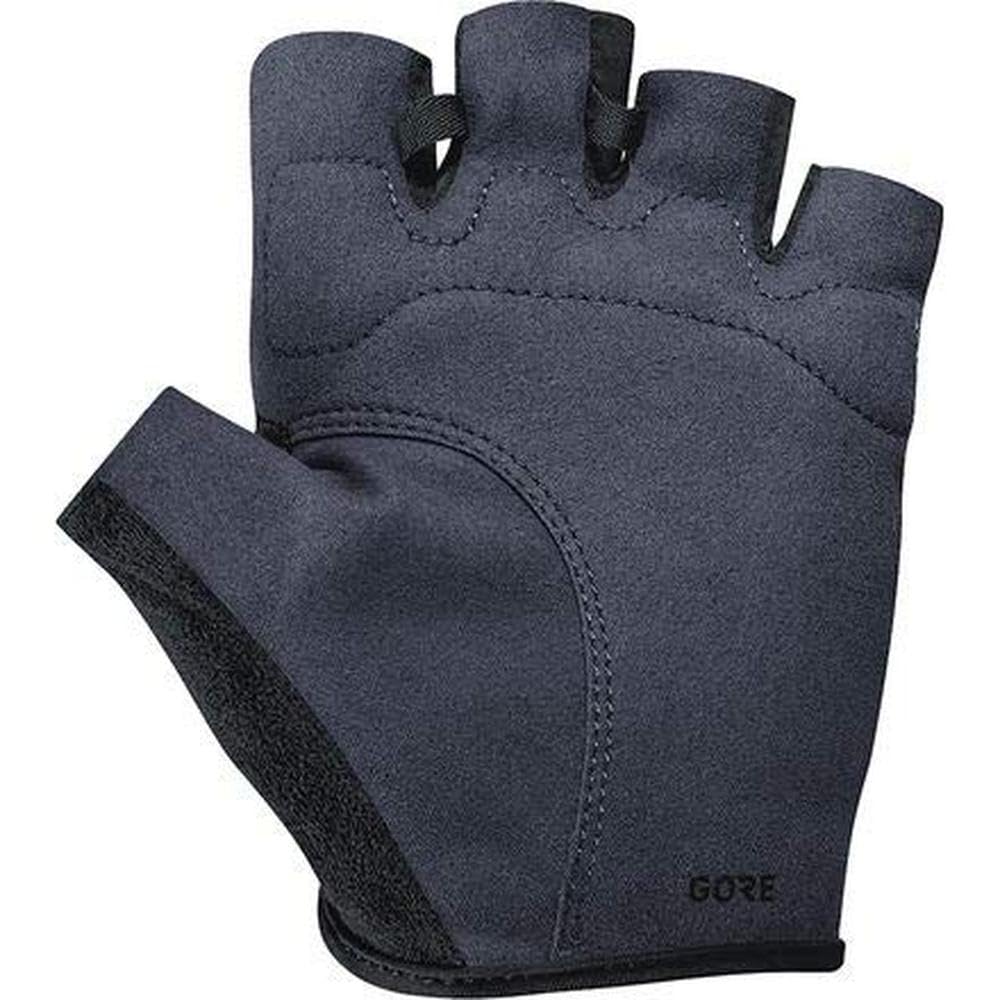 Short finger cycling glove, dark blue-gray with padded knuckle area and logo