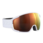 White ski goggles with side strap and orange mirrored lens