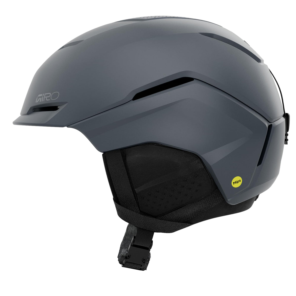 Giro Tenet snow helmet in dark gray with chin strap and padded interior liner.