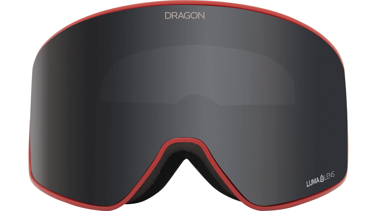 Dragon PXV2 snow goggles front view with dark lens and red frame