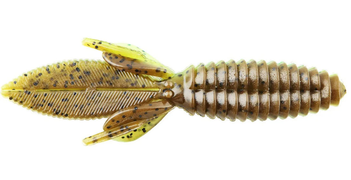 Yellow fishing lure with segmented ribbed body and two wing-like tail fins