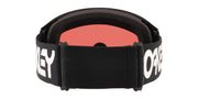 Oakley snow goggles with black strap and orange-red mirrored lens, white logo
