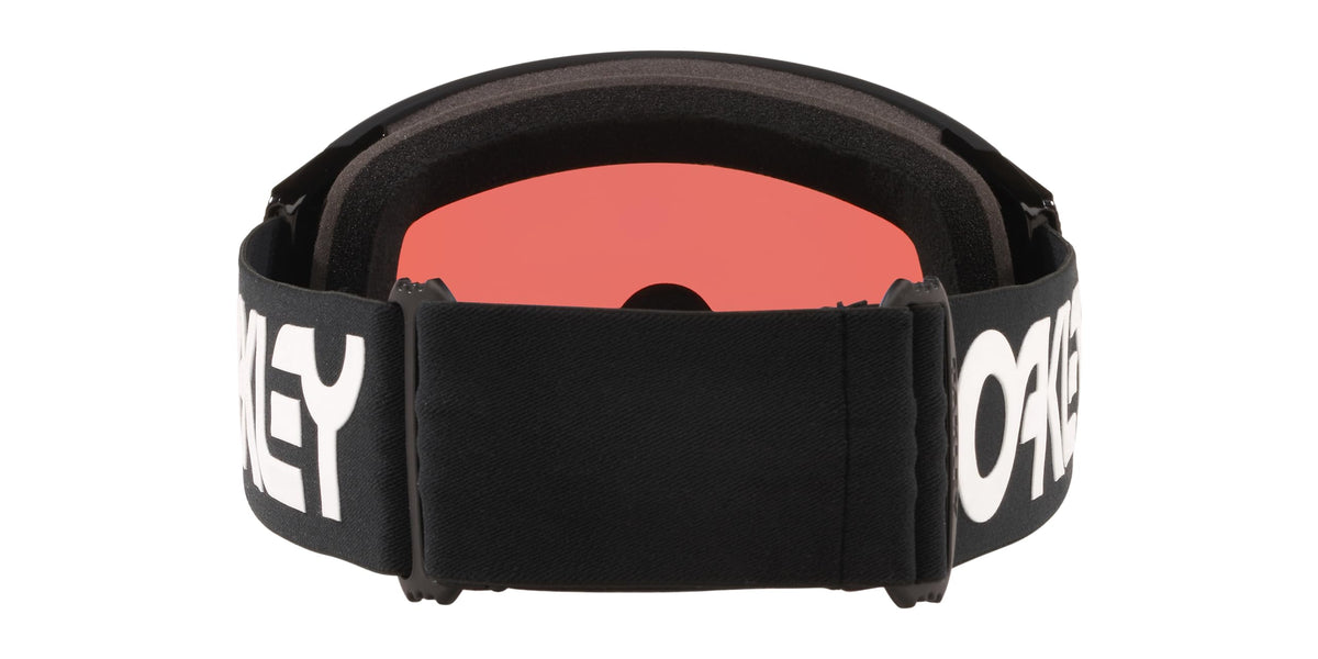 Oakley snow goggles with black strap and orange-red mirrored lens, white logo