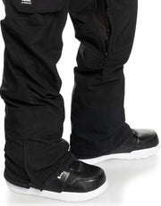 Men's black snowboard pants with front zipper fly and ankle strap cuffs