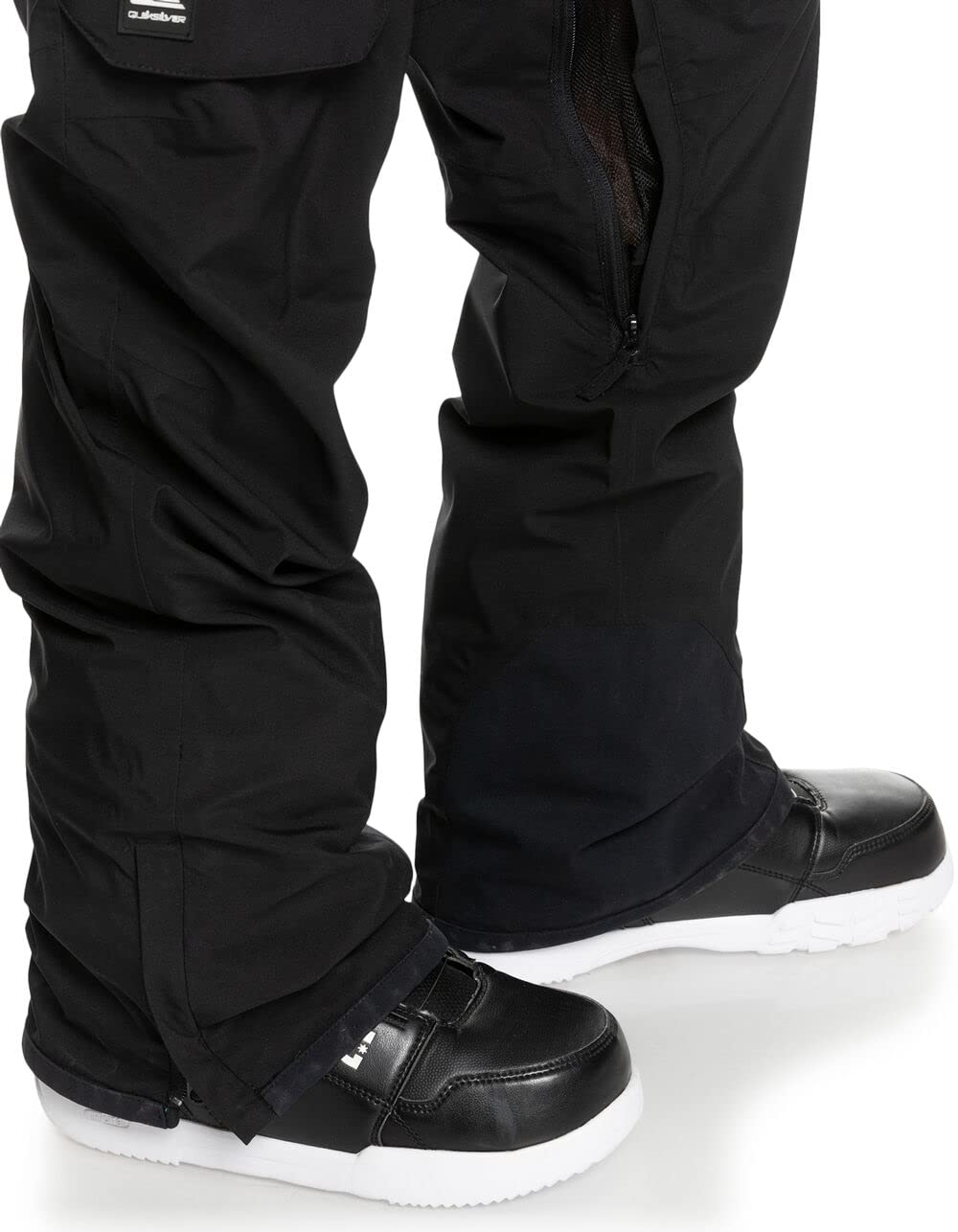 Men's black snowboard pants with front zipper fly and ankle strap cuffs