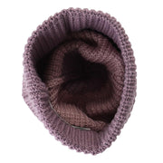Purple knit beanie with inside view showing stitched trim and looped opening