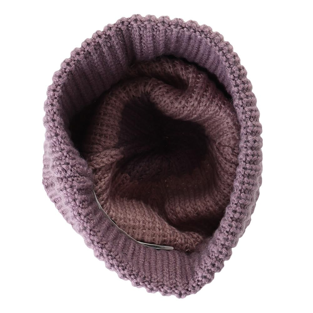 Purple knit beanie with inside view showing stitched trim and looped opening