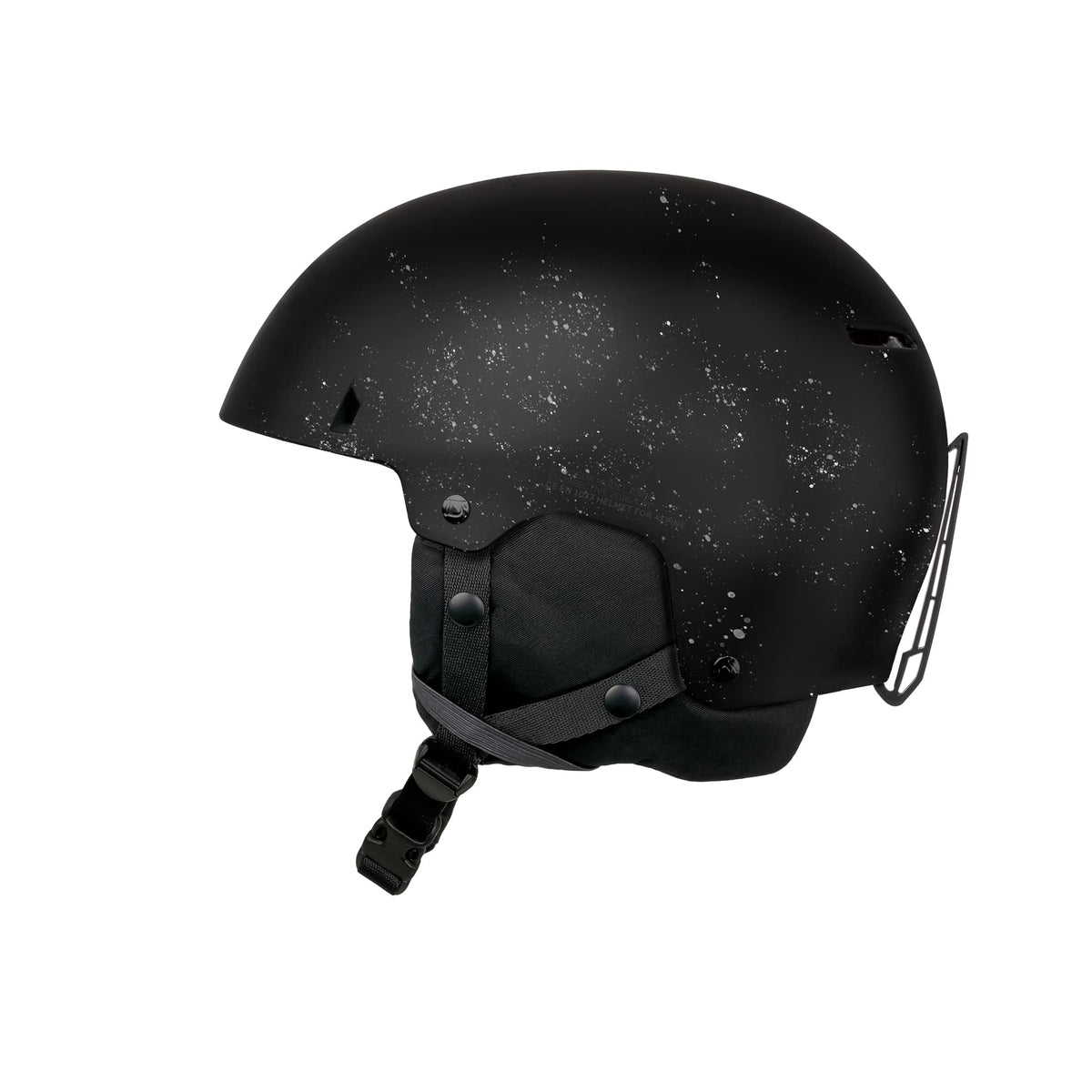 Black snow helmet with speckled finish, chin strap, and side safety guard.