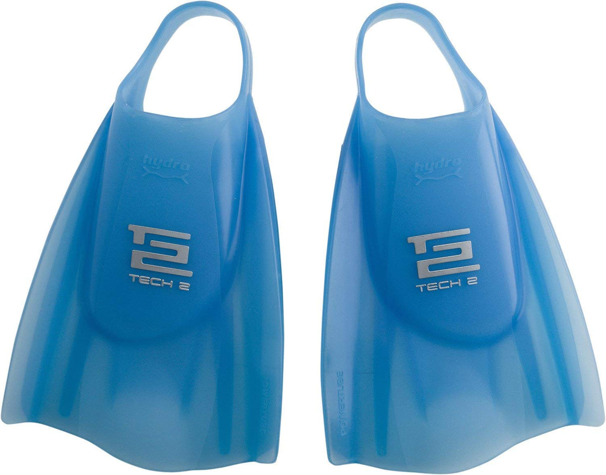Blue swim fins, Hydro Tech 2 logo on blade, pair