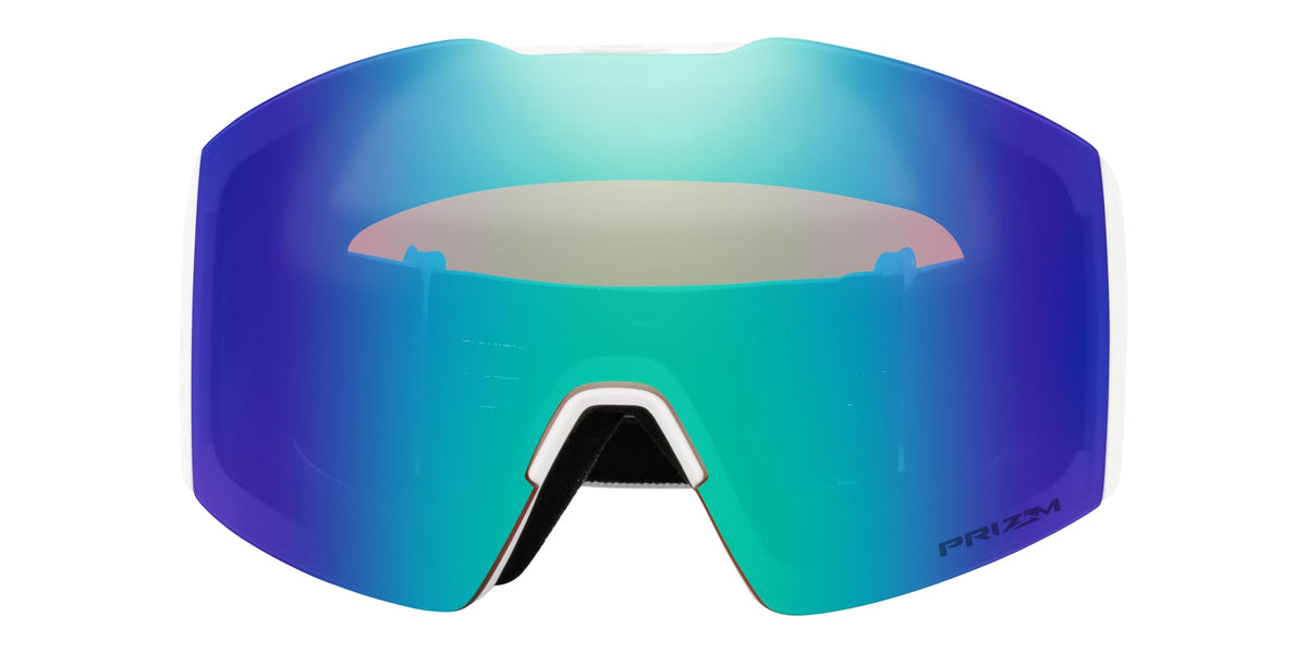 Oakley Fall Line L snow goggles, front view with large teal blue lens and purple frame