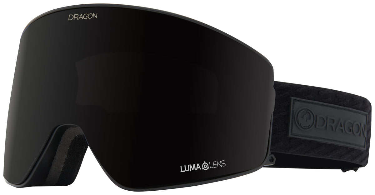 Black snow goggles with dark smoke LUMA lens and DRAGON logo on the frame.