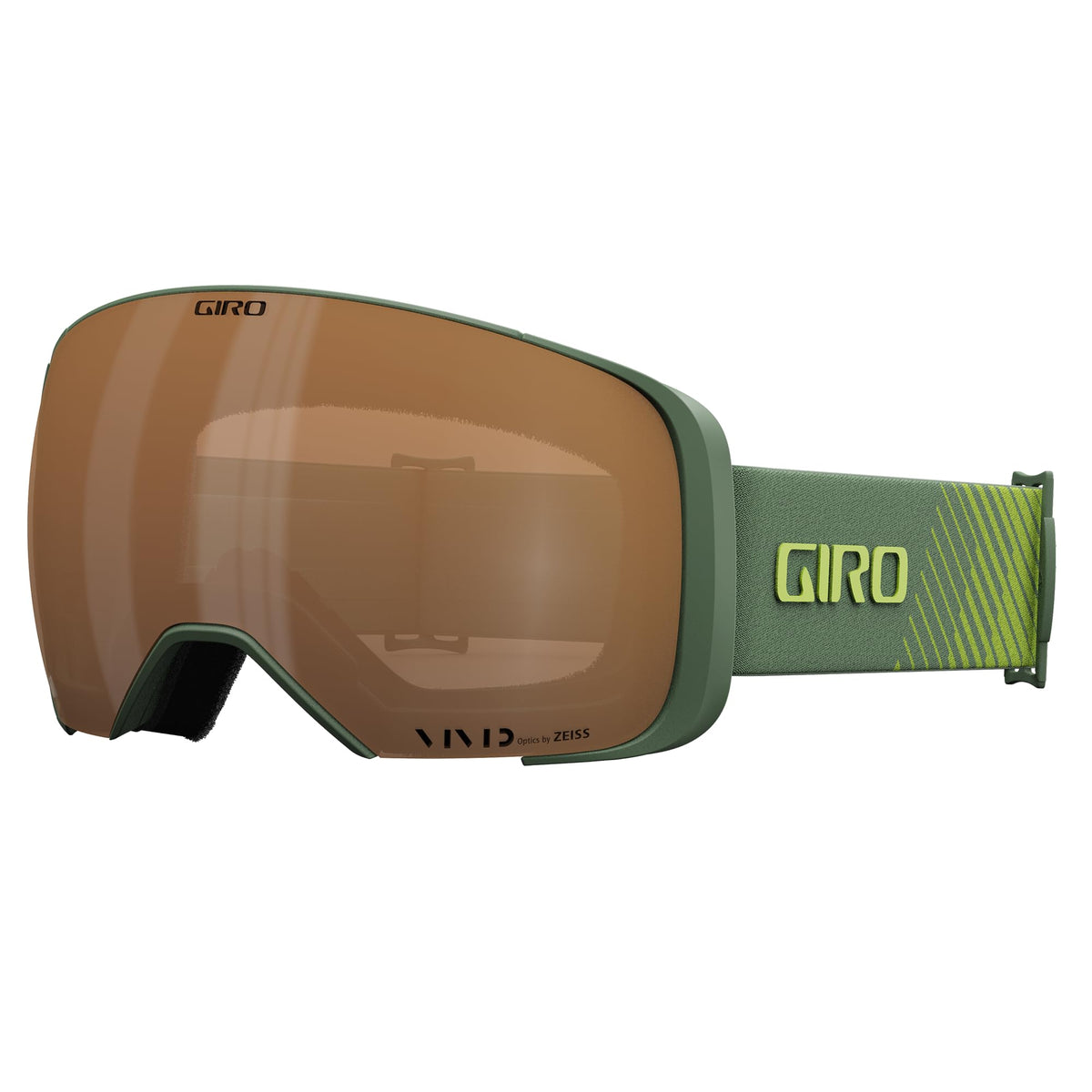 Giro snow goggles with dark green strap and amber-tinted lens