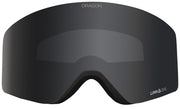 Snow goggles with dark lens and black frame, LumaLens marking