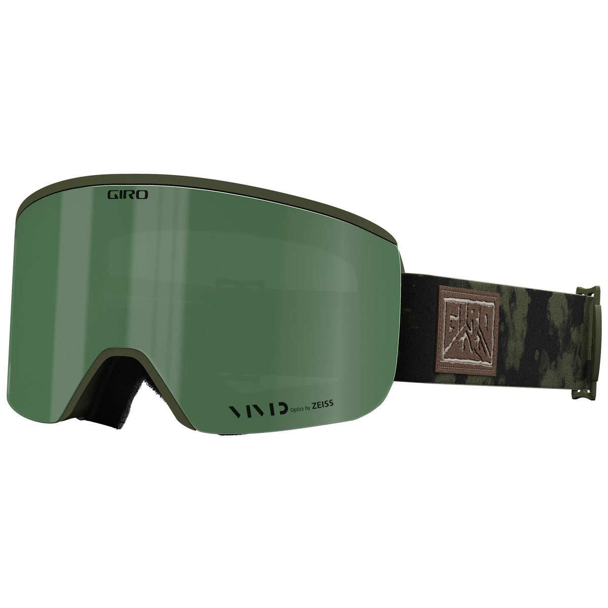 Giro Axis snow goggles with green lens and black strap featuring camo patch