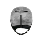 Gray camo snow helmet back view with center spine pad and chin strap