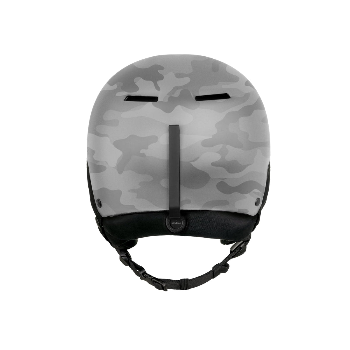 Gray camo snow helmet back view with center spine pad and chin strap