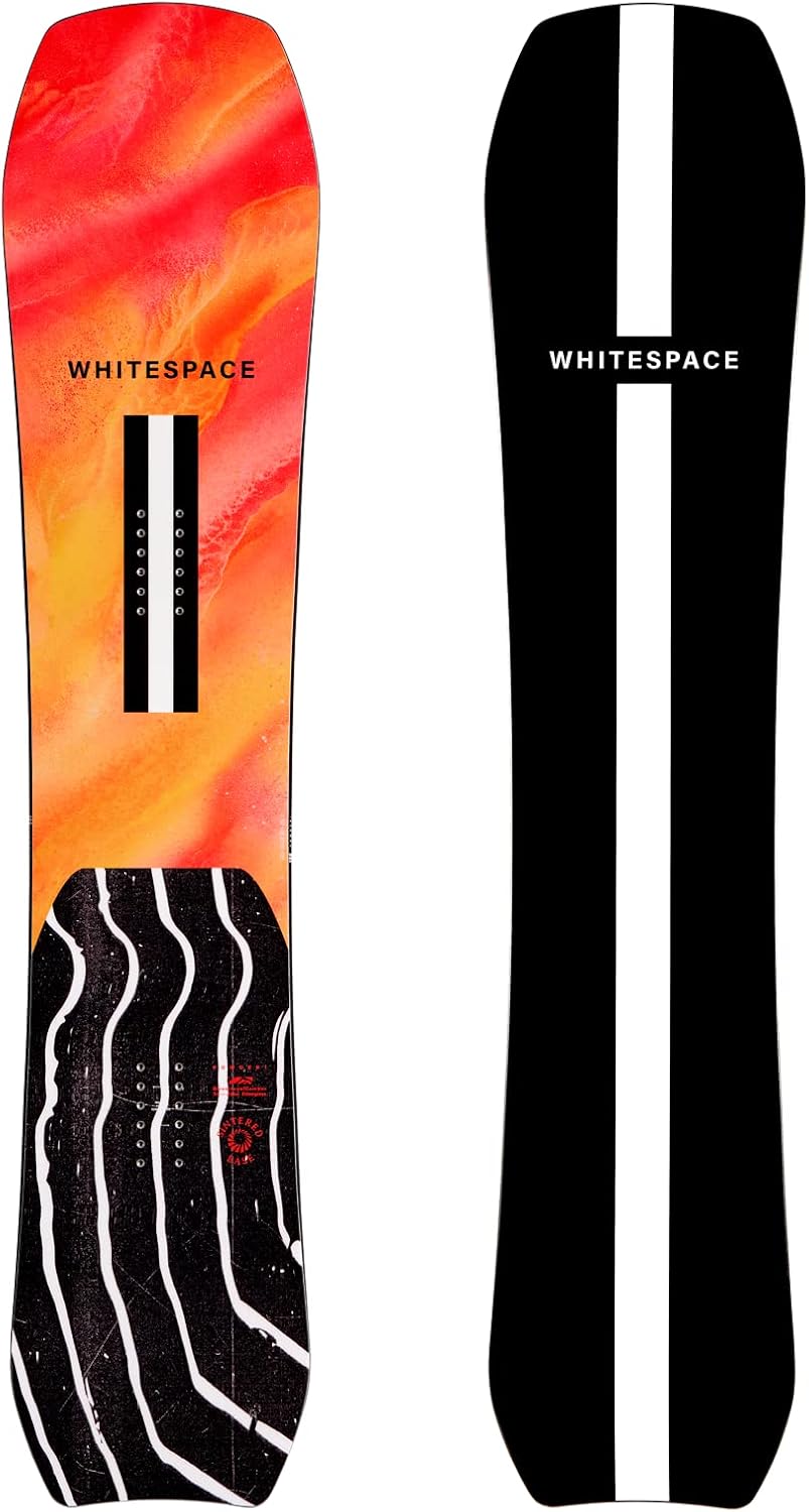 WHITESPACE Powder! 2023 snowboard with red-orange top graphic and white wavy base