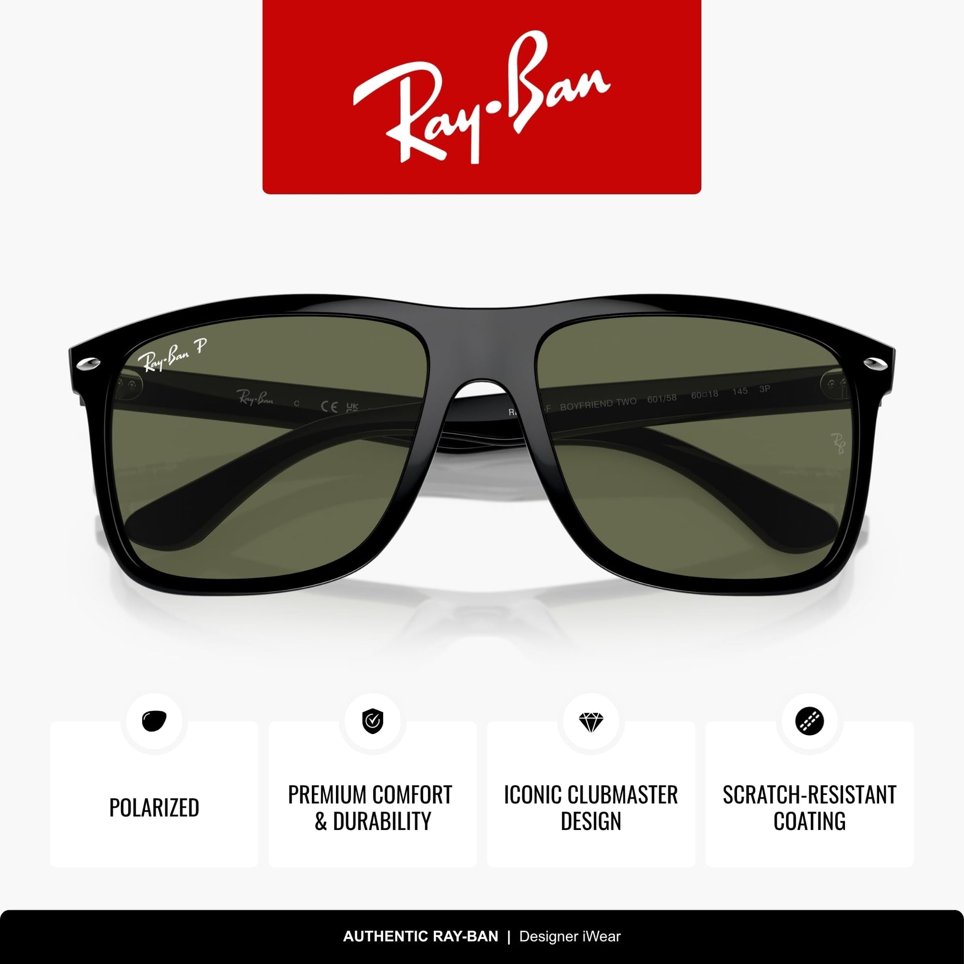 Ray-Ban Boyfriend Two RB4547F Sunglasses - Black / Green / Large - 8056597957892 - Additional Image 2