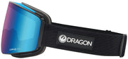 Snow goggles with blue mirrored lens and black strap, angled side view