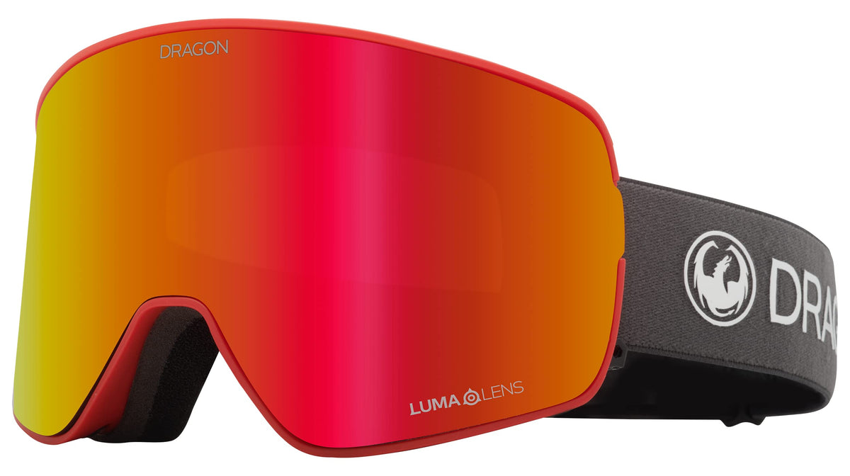 Dragon NFX2 snow goggles with red-orange mirrored lens and black foam strap