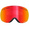 Snow goggles with red-orange mirrored lens and dark frame.