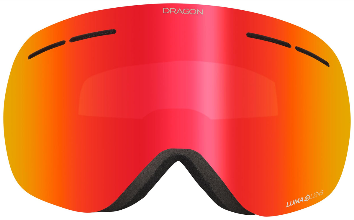 Snow goggles with orange-red mirrored lens and black foam frame.