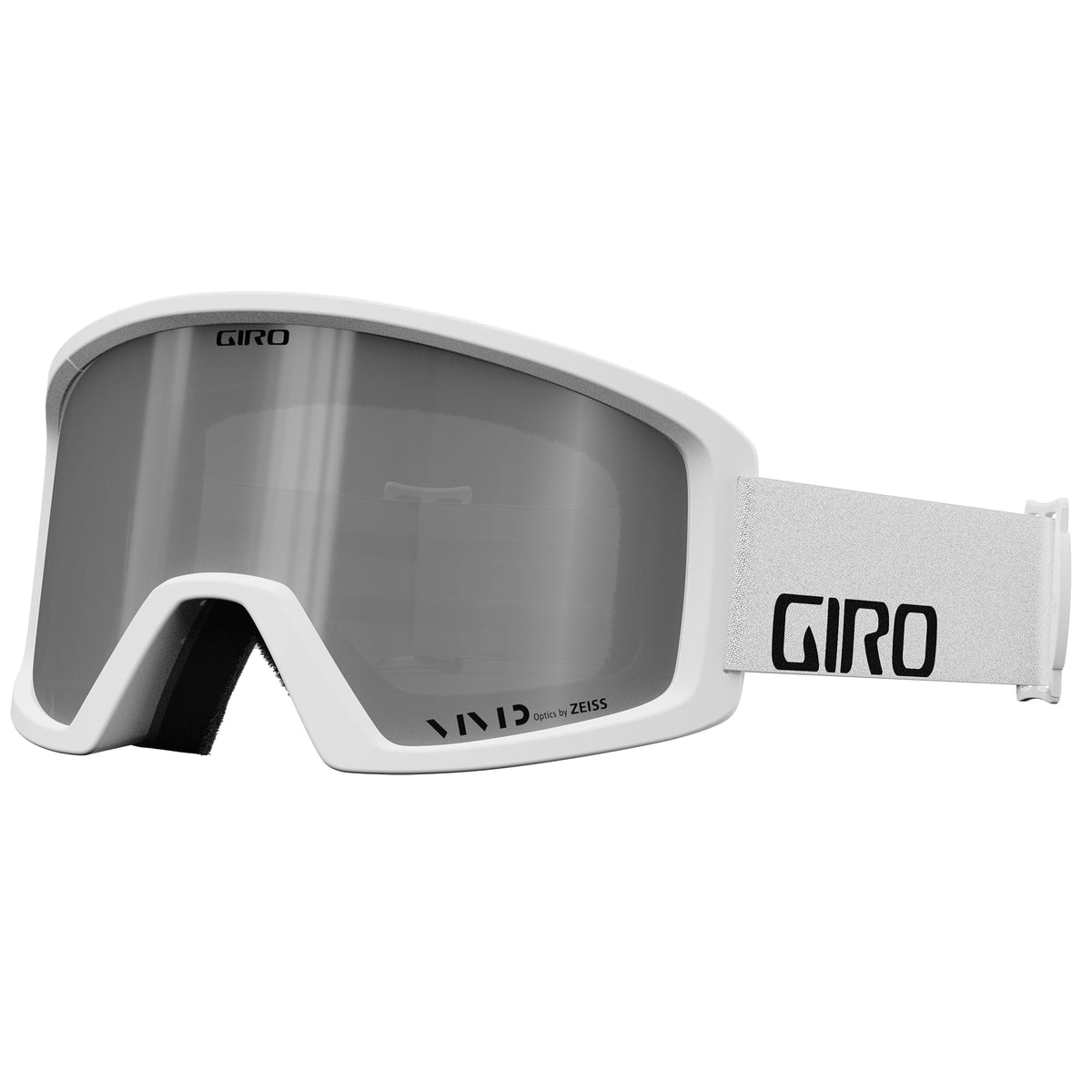 White snow goggles with gray mirrored lens and GIRO logo on the frame
