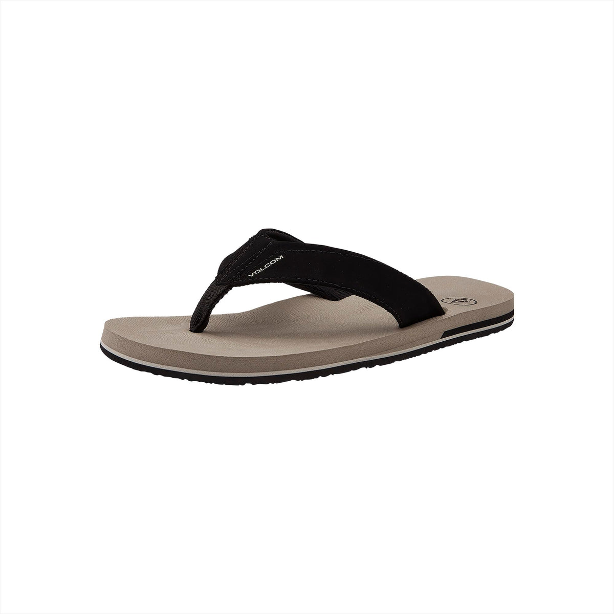 Men's khaki and black flip-flops, contoured footbed, side view