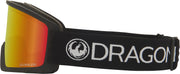 Snow goggles with black strap and red-orange mirrored lens, DRAGON logo panel