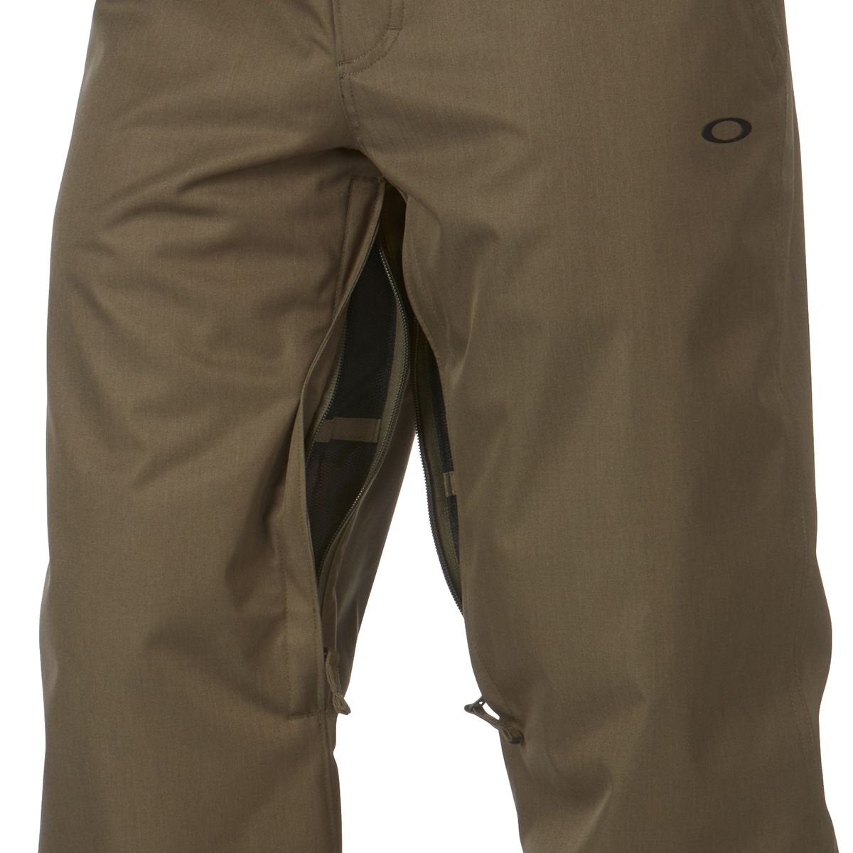 Ski pants, olive color, side close-up with zip vent and logo on thigh