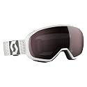 Snow goggles with white frame and dark brown mirrored lens, side view