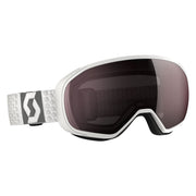 Snow goggles with white frame and brown mirrored lens