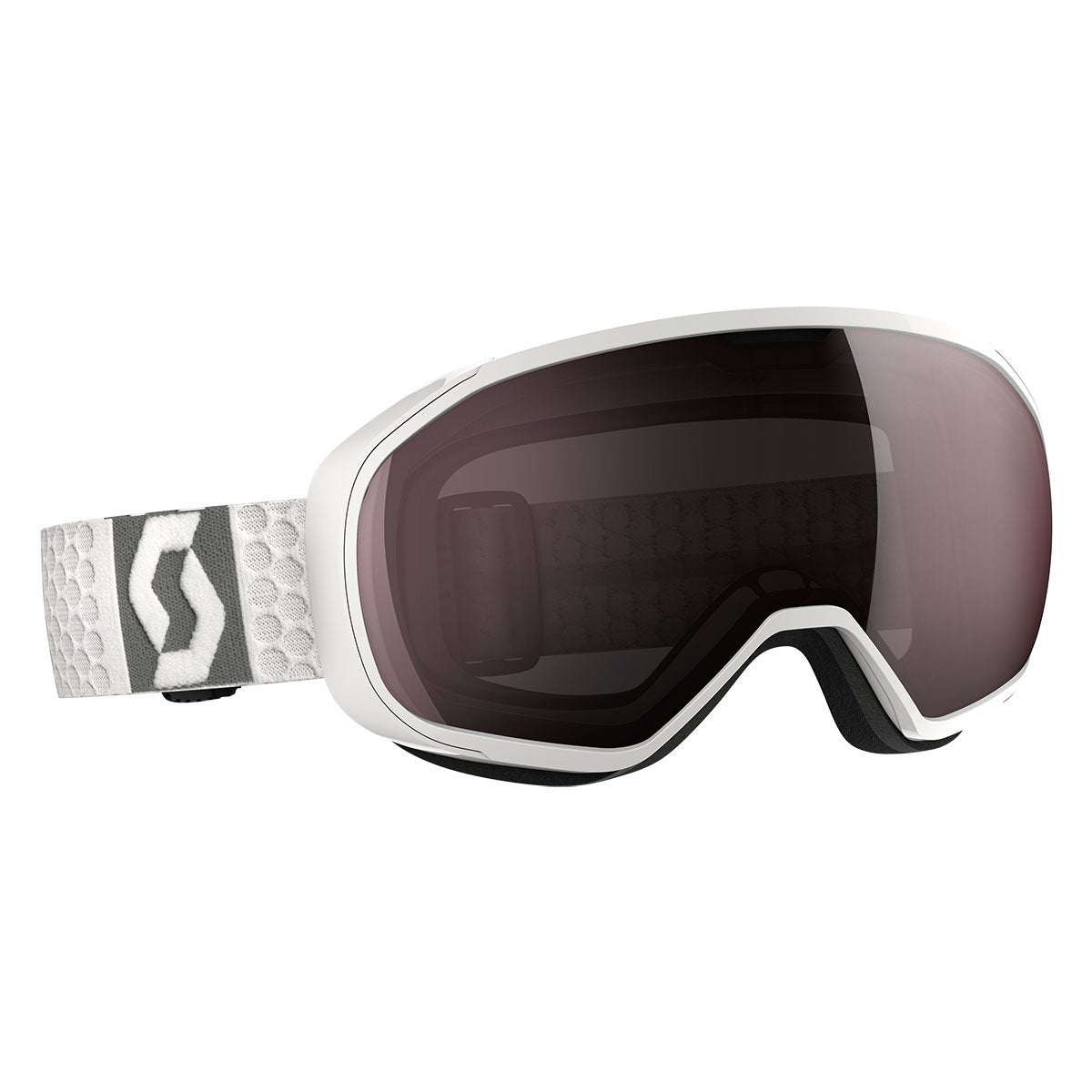 Snow goggles with white frame and brown mirrored lens