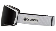 Snow goggles with black lens and gray patterned strap, DRAGON patch