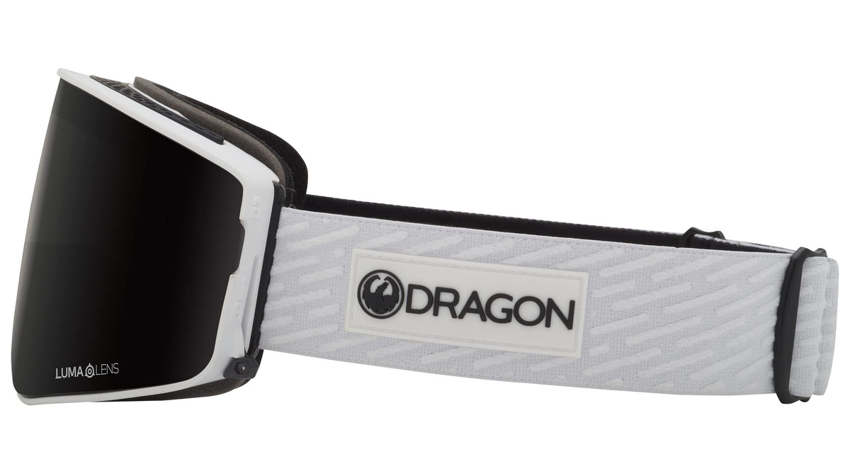 Snow goggles with black lens and gray patterned strap, DRAGON patch