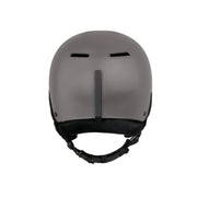 Dark gray snow helmet, front view, with two top vents and padded chin strap
