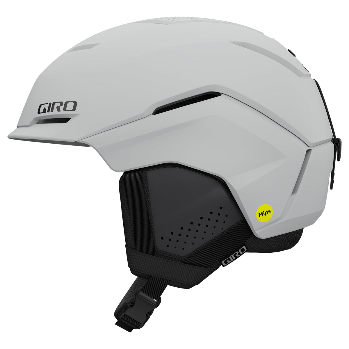 Giro Tenet snow helmet in light gray with chin strap and vented padded liner.