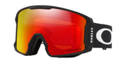 Oakley Line Miner snow goggles with black frame and red Prizm lens, O logo strap
