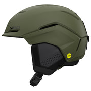 Giro Tenet snow helmet in olive green with chin strap and padded interior liner.