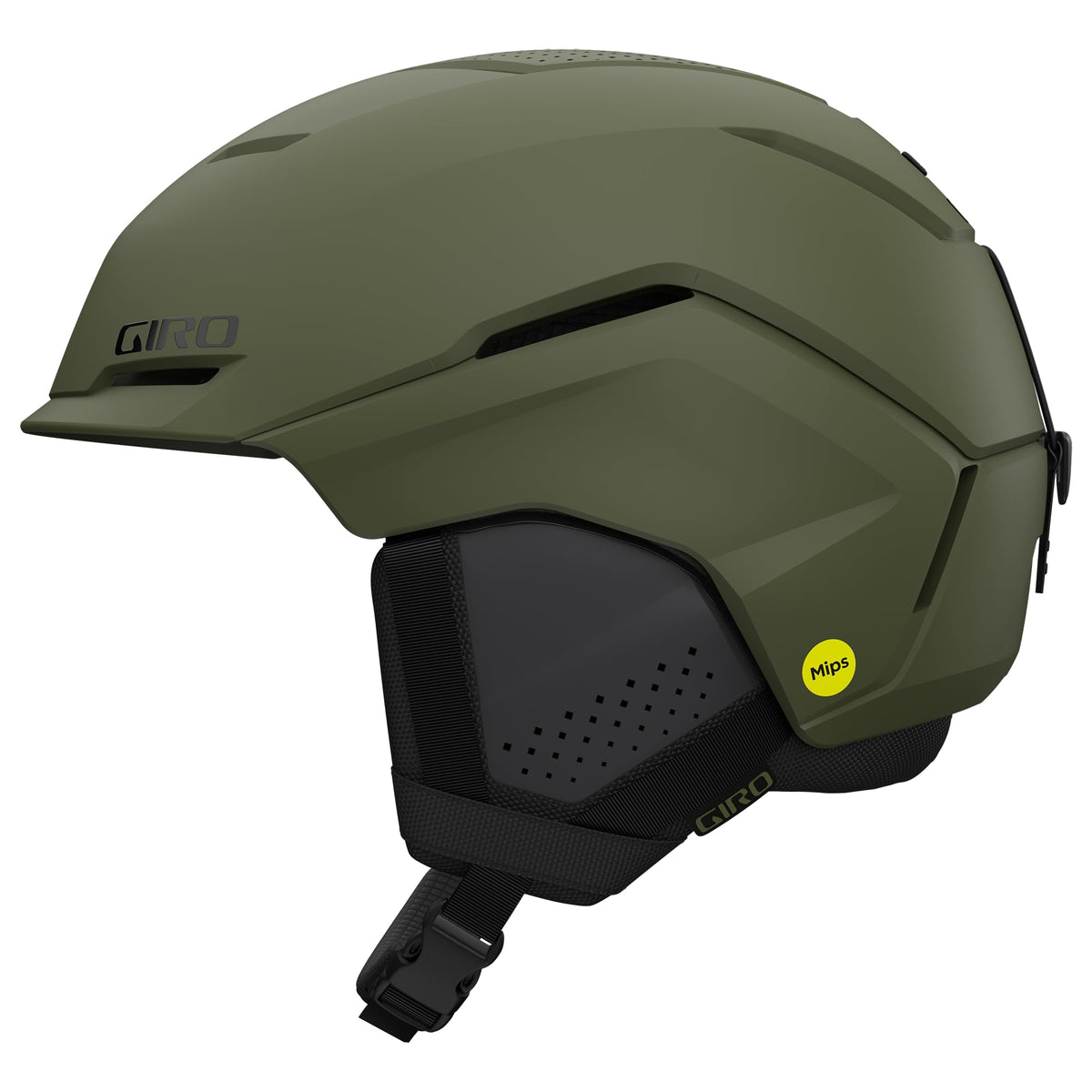 Giro Tenet snow helmet in olive green with chin strap and padded interior liner.