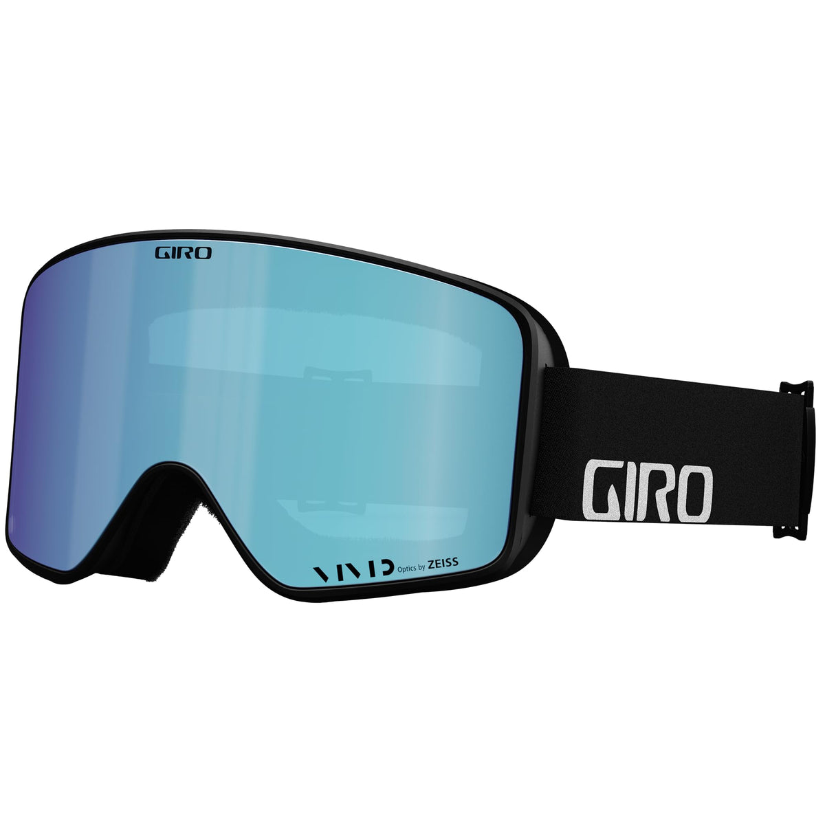 Giro snow goggles with black frame and blue mirrored lens, black strap with GIRO