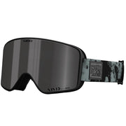 Giro snow goggles with black frame and dark mirrored lens, patterned fabric strap