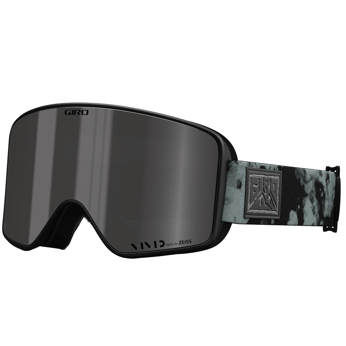 Giro snow goggles with black frame and dark mirrored lens, patterned fabric strap
