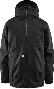 Men's black snow jacket with zip front and hood, front pockets